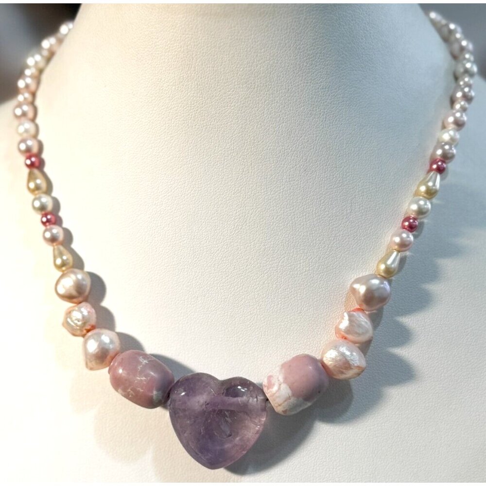 Sterling Silver Light Purple Amethyst Heart Stone Pearl Pink Agate Necklace